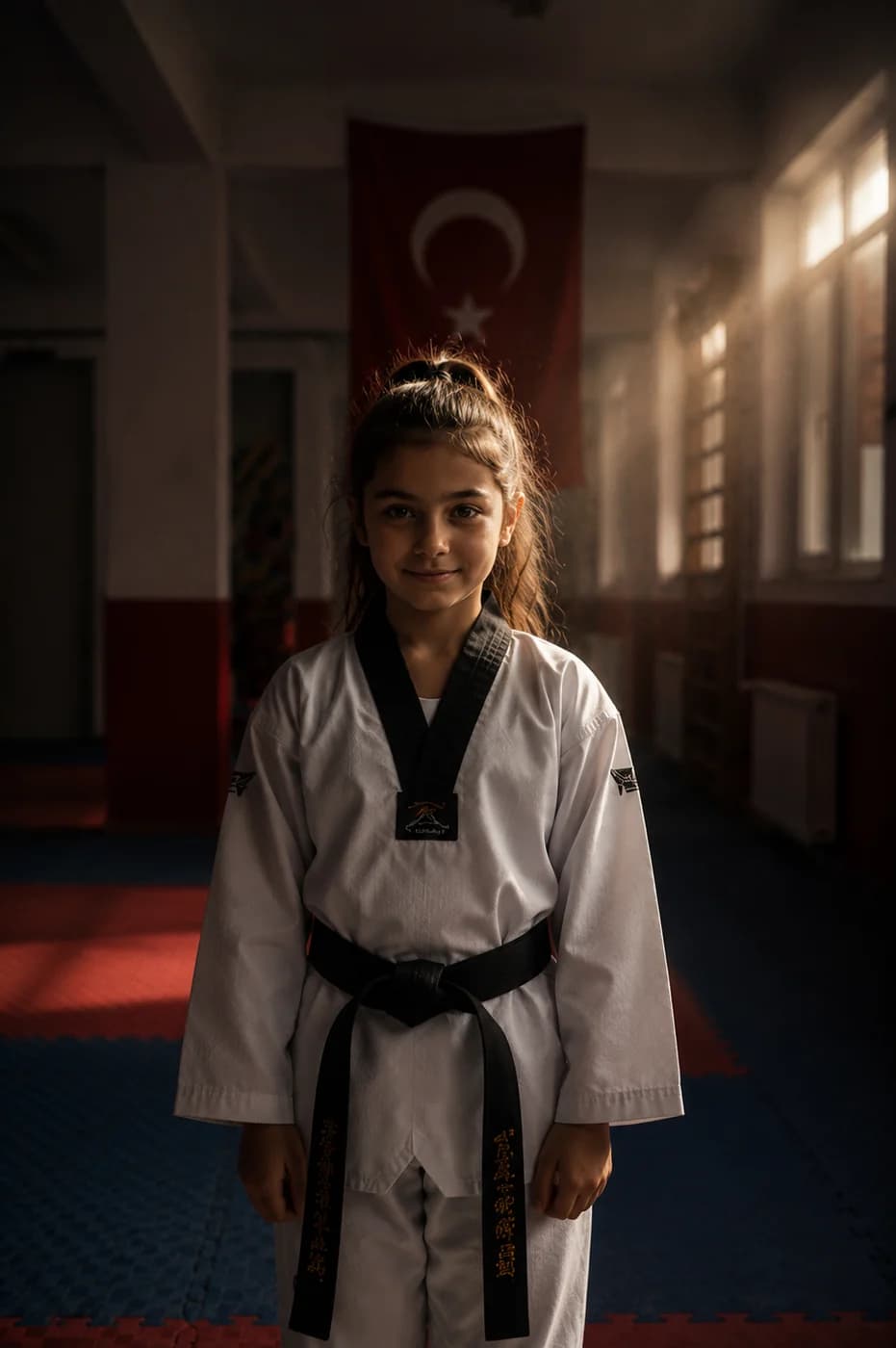 Taekwondo salonunda selam öncesi hazır duran genç sporcu