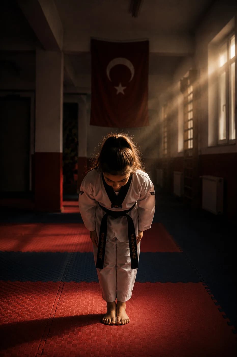 Taekwondo salonunda Kyung Ye selamı veren genç sporcu