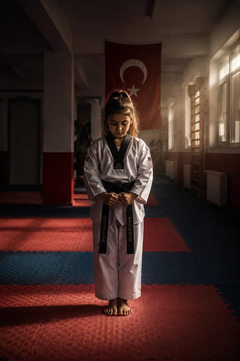Taekwondo salonunda selam sonrası kontrollü duruşa dönen genç sporcu